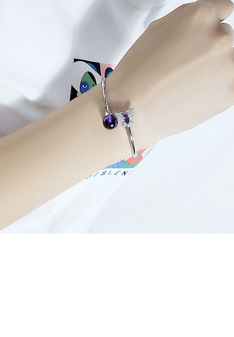 925 Sterling Silver Fashion Elegant Butterfly Purple Freshwater Pearl Bangle - Luxurious Look