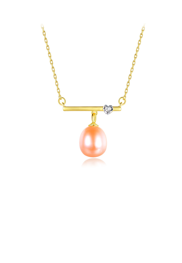 925 Sterling Silver Plated Gold Simple Fashion Geometric Heart-shaped Pink Freshwater Pearl Necklace with Cubic Zirconia - Luxurious Look - Vibrant Color