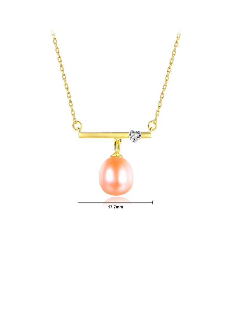 925 Sterling Silver Plated Gold Simple Fashion Geometric Heart-shaped Pink Freshwater Pearl Necklace with Cubic Zirconia - Luxurious Look - Vibrant Color