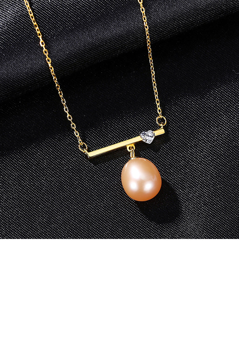 925 Sterling Silver Plated Gold Simple Fashion Geometric Heart-shaped Pink Freshwater Pearl Necklace with Cubic Zirconia - Luxurious Look - Vibrant Color
