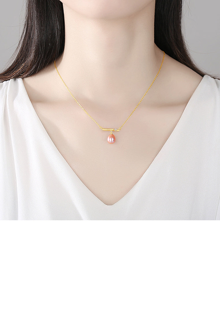 925 Sterling Silver Plated Gold Simple Fashion Geometric Heart-shaped Pink Freshwater Pearl Necklace with Cubic Zirconia - Luxurious Look - Vibrant Color