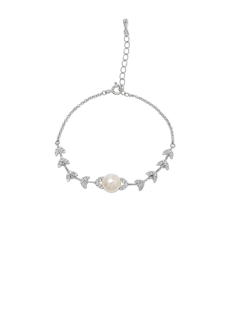 925 Sterling Silver Fashion Simple Leaf Freshwater Pearl Bracelet with Cubic Zirconia - Luxurious Look