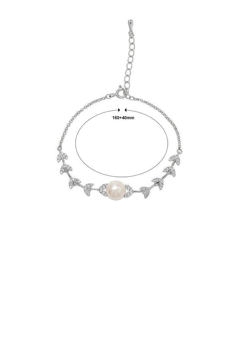 925 Sterling Silver Fashion Simple Leaf Freshwater Pearl Bracelet with Cubic Zirconia - Luxurious Look