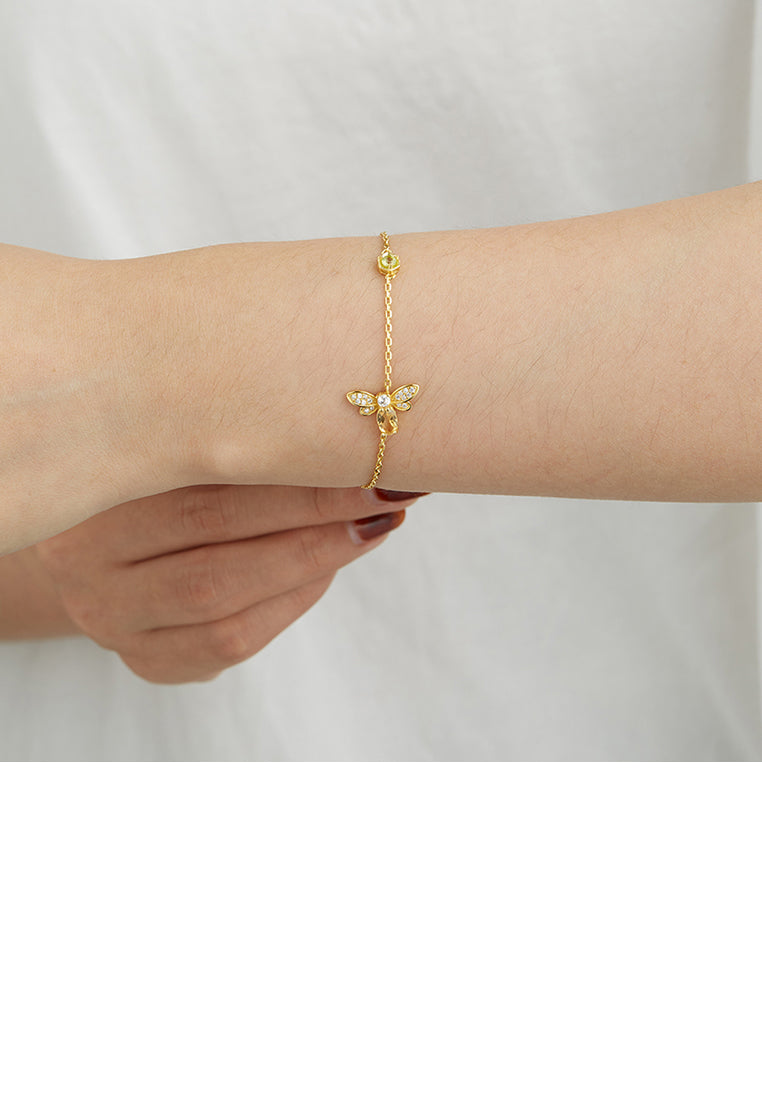 925 Sterling Silver Plated Gold Fashion Cute Bee Bracelet with Cubic Zirconia - Luxurious Look