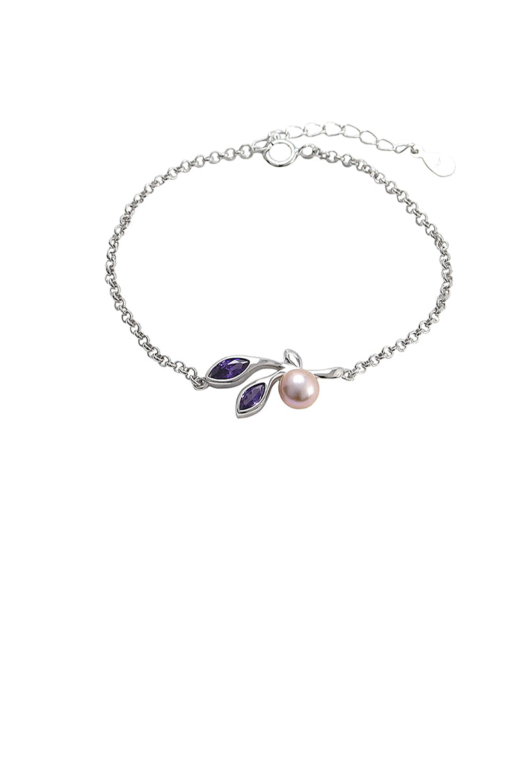 925 Sterling Silver Fashion Simple Leaf Purple Freshwater Pearl Bracelet - Luxurious Look
