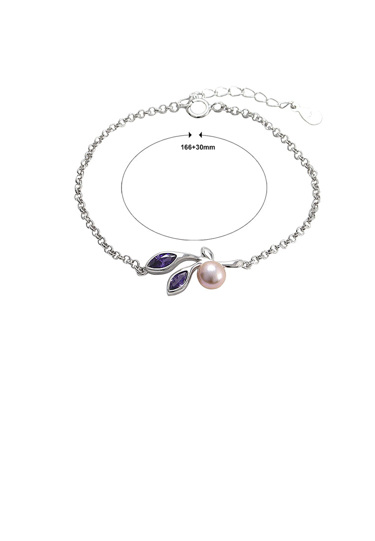 925 Sterling Silver Fashion Simple Leaf Purple Freshwater Pearl Bracelet - Luxurious Look