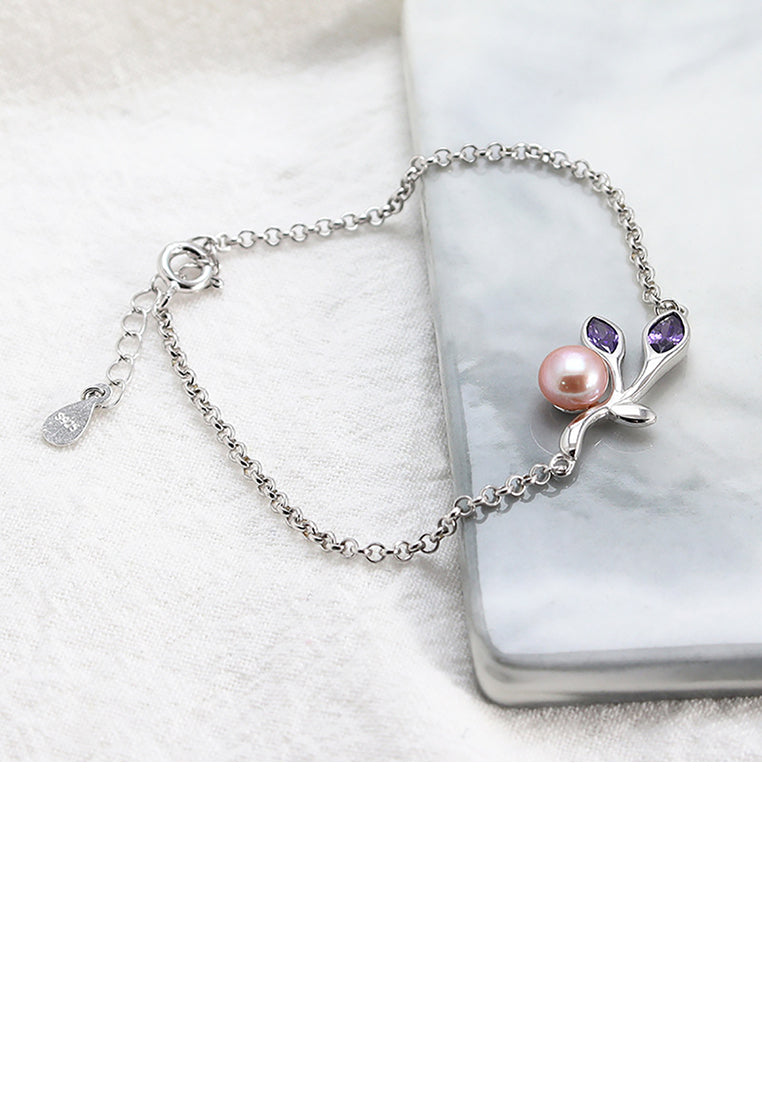 925 Sterling Silver Fashion Simple Leaf Purple Freshwater Pearl Bracelet - Luxurious Look