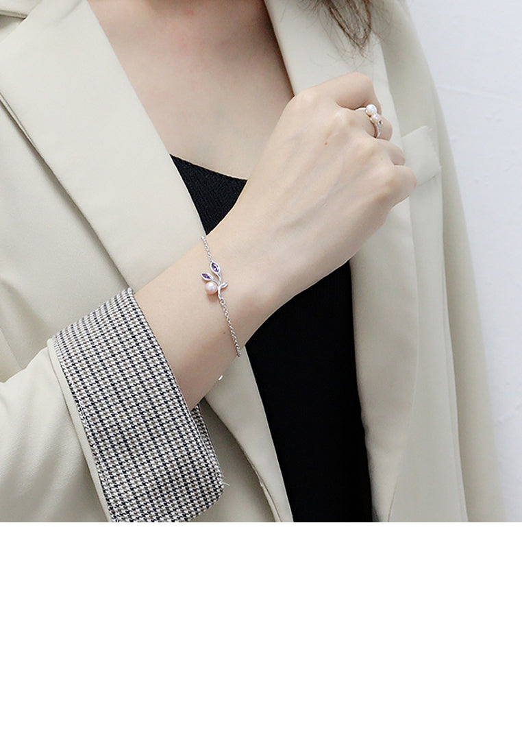 925 Sterling Silver Fashion Simple Leaf Purple Freshwater Pearl Bracelet - Luxurious Look