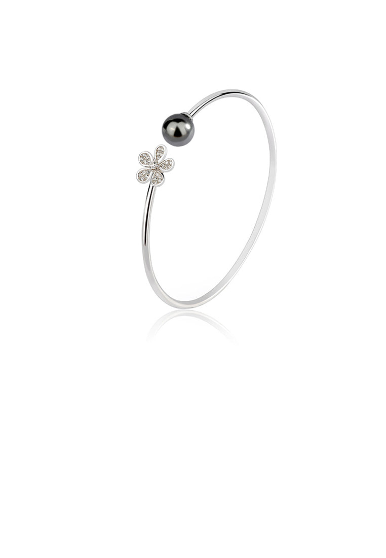925 Sterling Silver Fashion Simple Flower Freshwater Pearl Open Bangle with Cubic Zirconia - Luxurious Look
