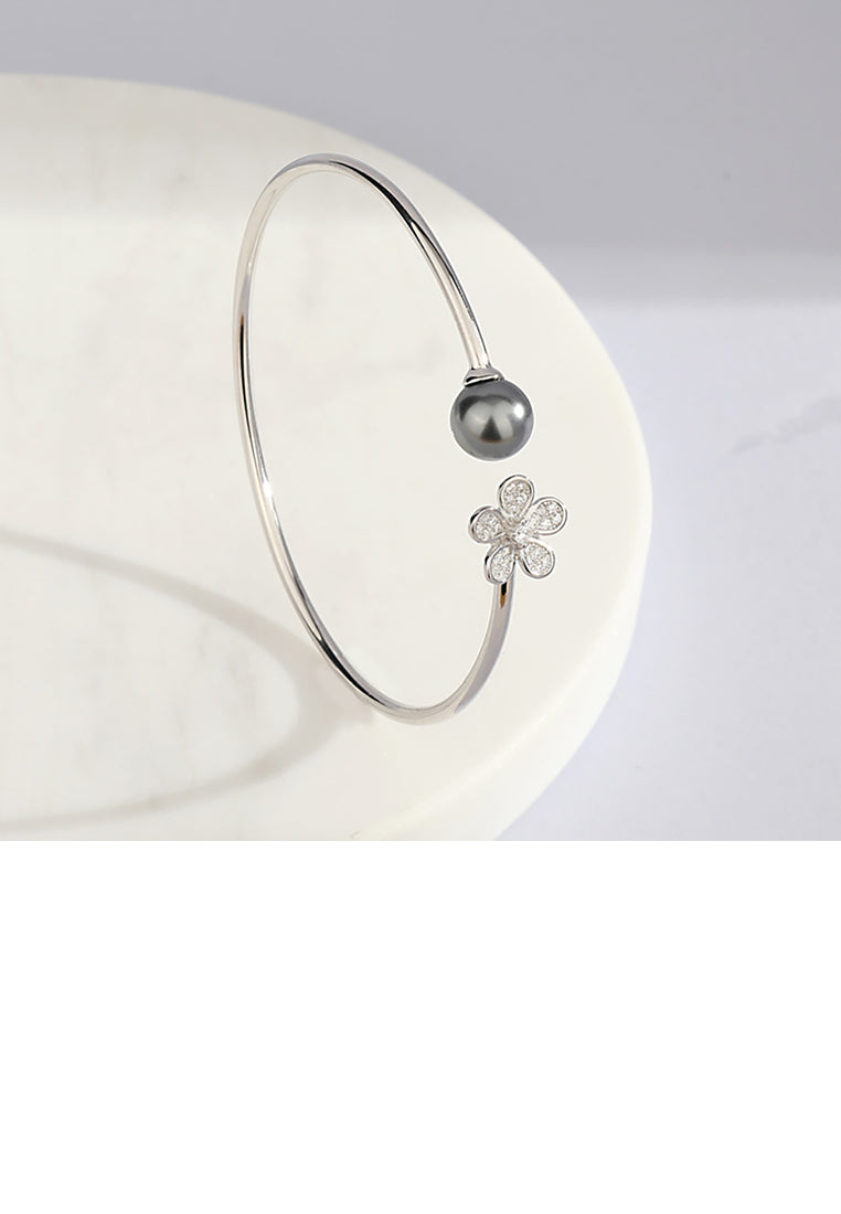 925 Sterling Silver Fashion Simple Flower Freshwater Pearl Open Bangle with Cubic Zirconia - Luxurious Look