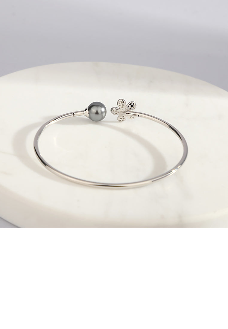925 Sterling Silver Fashion Simple Flower Freshwater Pearl Open Bangle with Cubic Zirconia - Luxurious Look