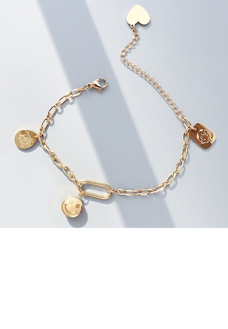 Simple Creative Plated Gold 316L Stainless Steel Smiley Face Expression Round Water Drop Bracelet