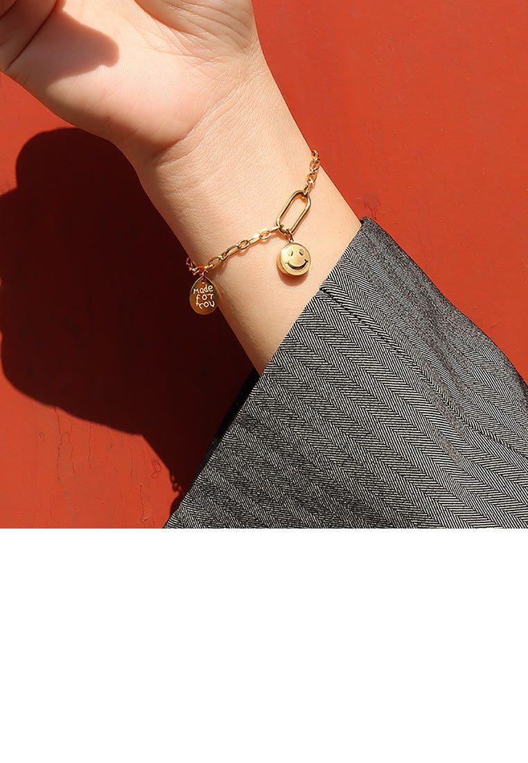 Simple Creative Plated Gold 316L Stainless Steel Smiley Face Expression Round Water Drop Bracelet