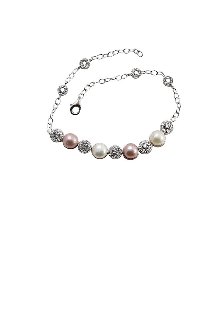 925 Sterling Silver Fashion Simple Geometric Round Freshwater Pearl Bracelet with Cubic Zirconia - Luxurious Look