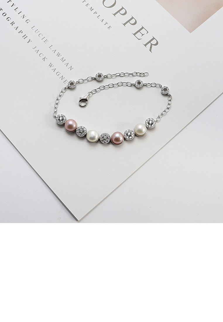 925 Sterling Silver Fashion Simple Geometric Round Freshwater Pearl Bracelet with Cubic Zirconia - Luxurious Look