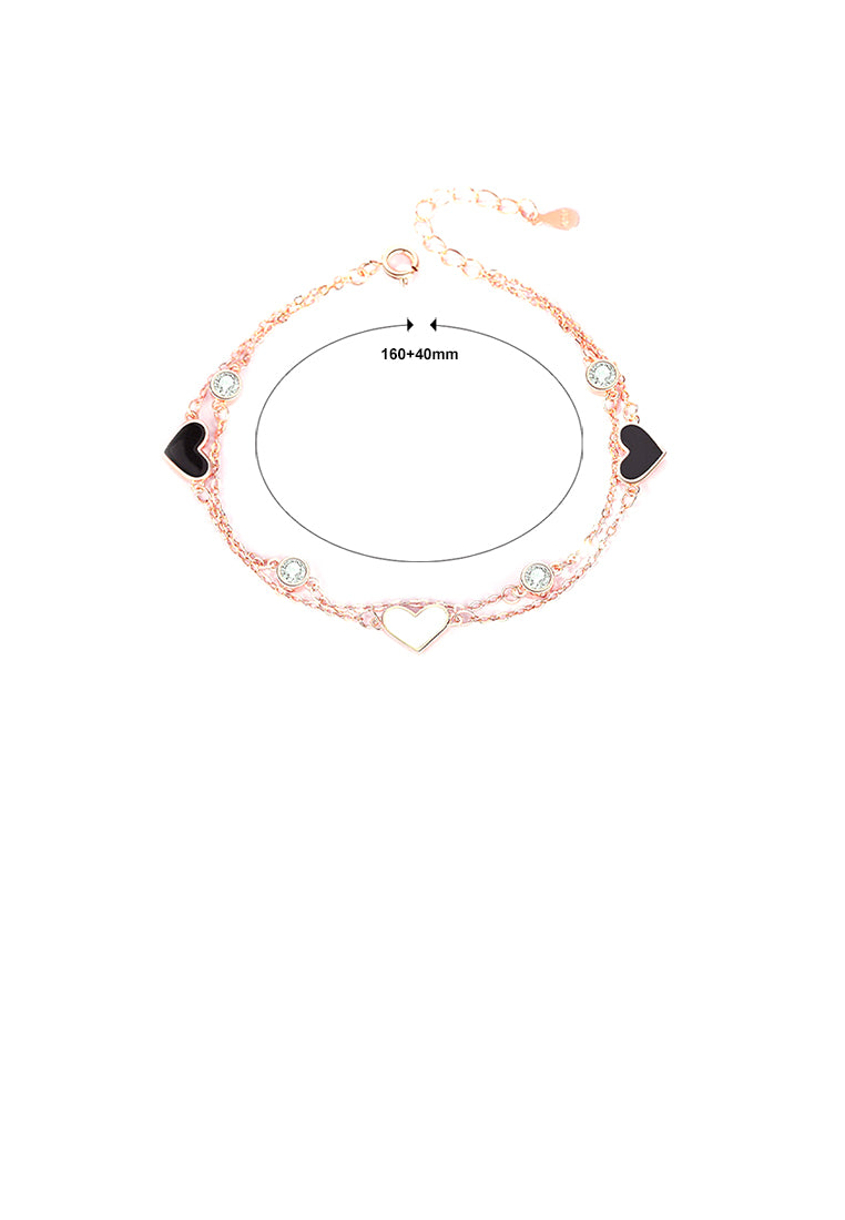 925 Sterling Silver Plated Rose Gold Simple Romantic Heart-shaped Double Layer Bracelet with Cubic Zirconia - Luxurious Look