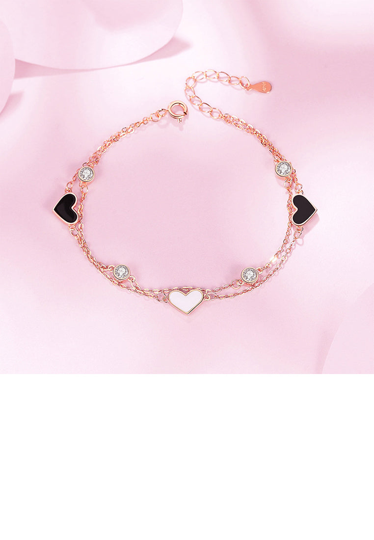 925 Sterling Silver Plated Rose Gold Simple Romantic Heart-shaped Double Layer Bracelet with Cubic Zirconia - Luxurious Look