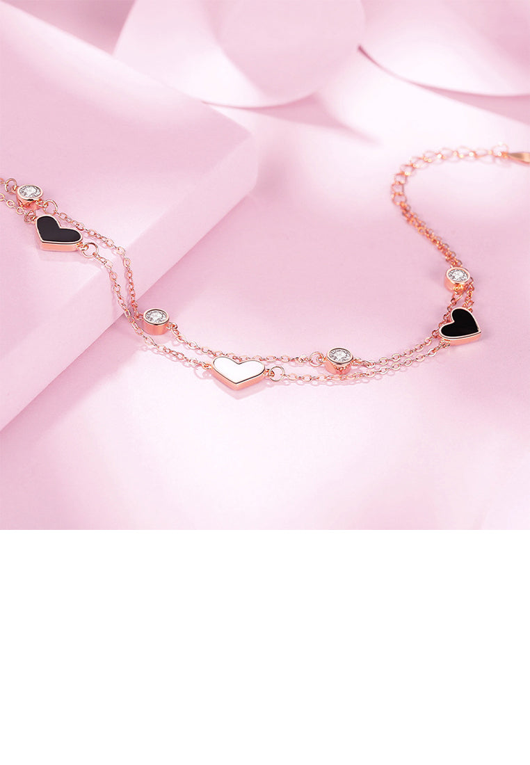 925 Sterling Silver Plated Rose Gold Simple Romantic Heart-shaped Double Layer Bracelet with Cubic Zirconia - Luxurious Look