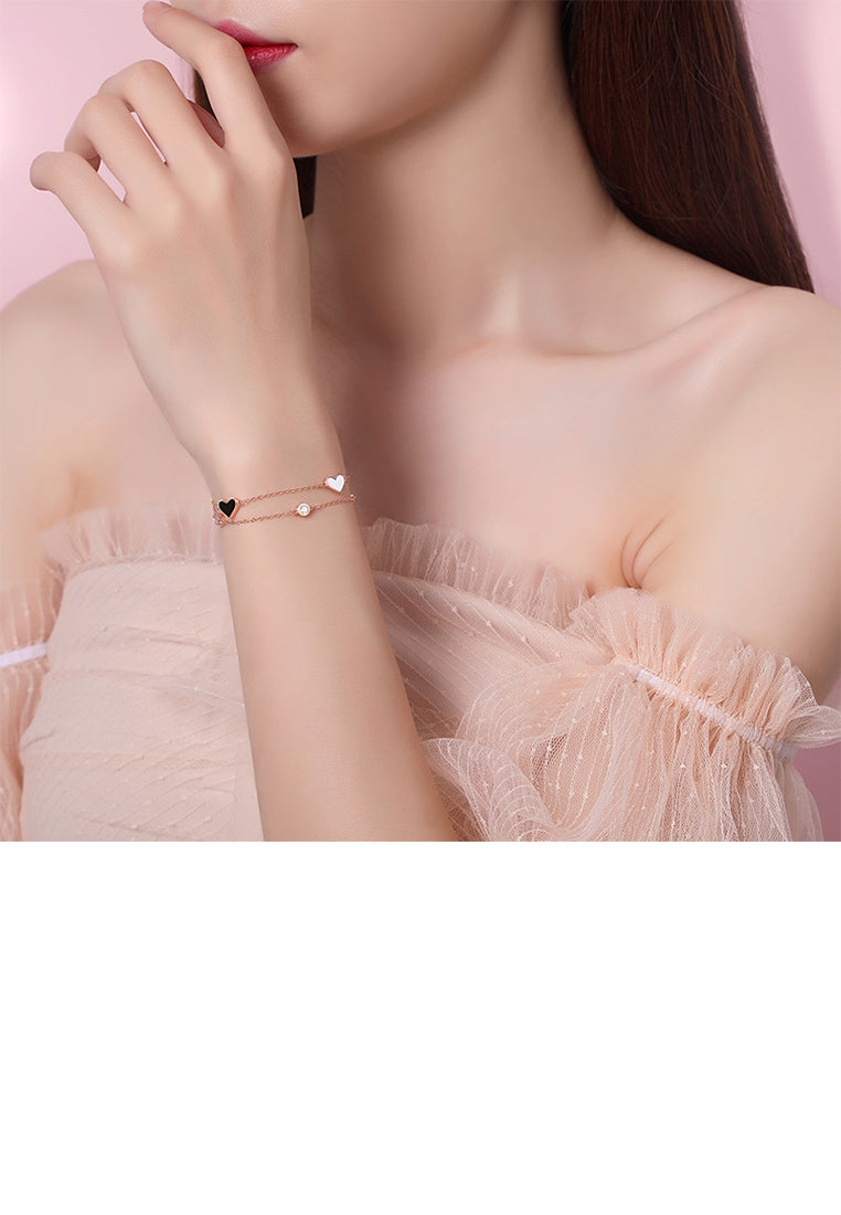 925 Sterling Silver Plated Rose Gold Simple Romantic Heart-shaped Double Layer Bracelet with Cubic Zirconia - Luxurious Look