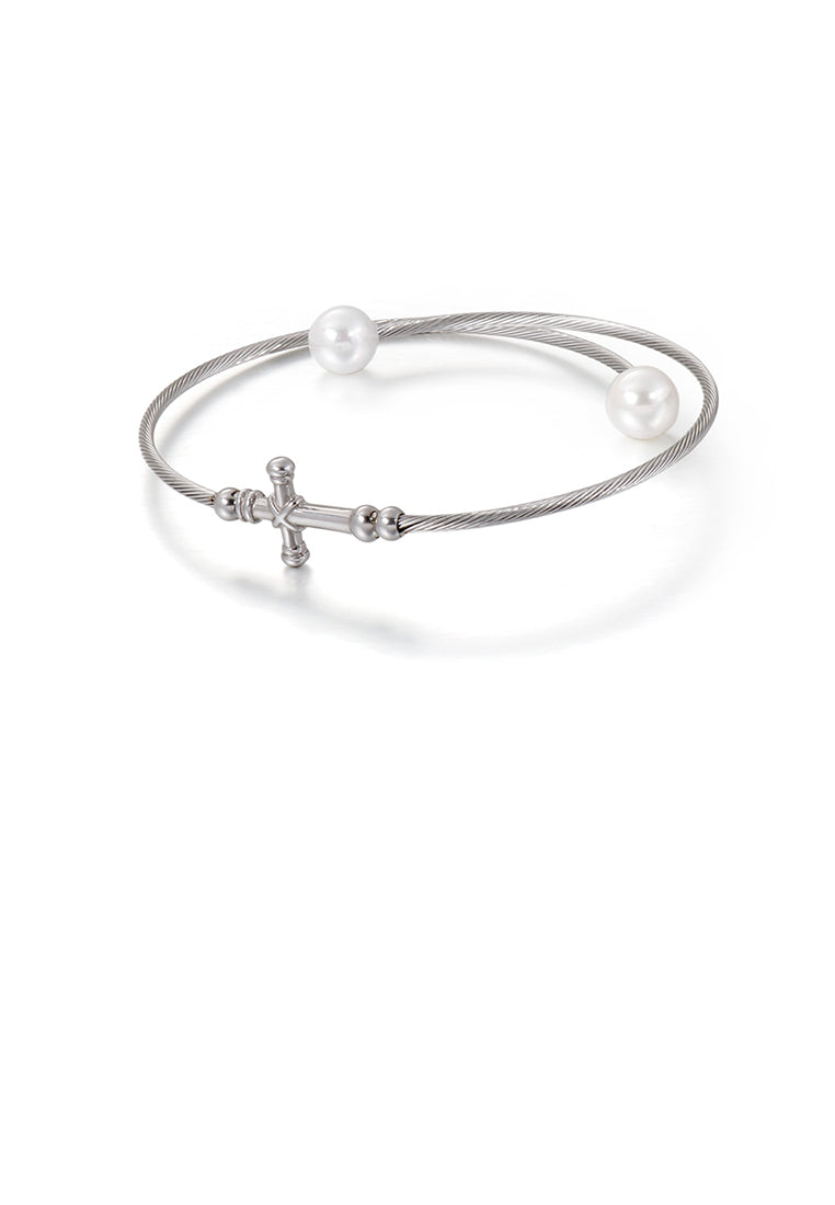 Fashion Classic Cross 316L Stainless Steel Bangle with Imitation Pearls
