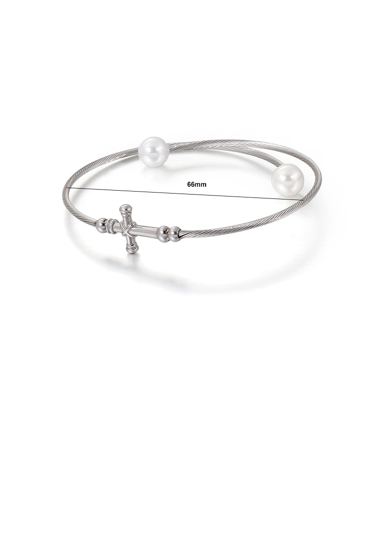 Fashion Classic Cross 316L Stainless Steel Bangle with Imitation Pearls