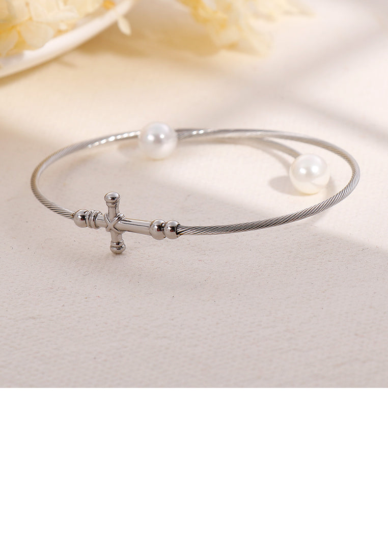 Fashion Classic Cross 316L Stainless Steel Bangle with Imitation Pearls