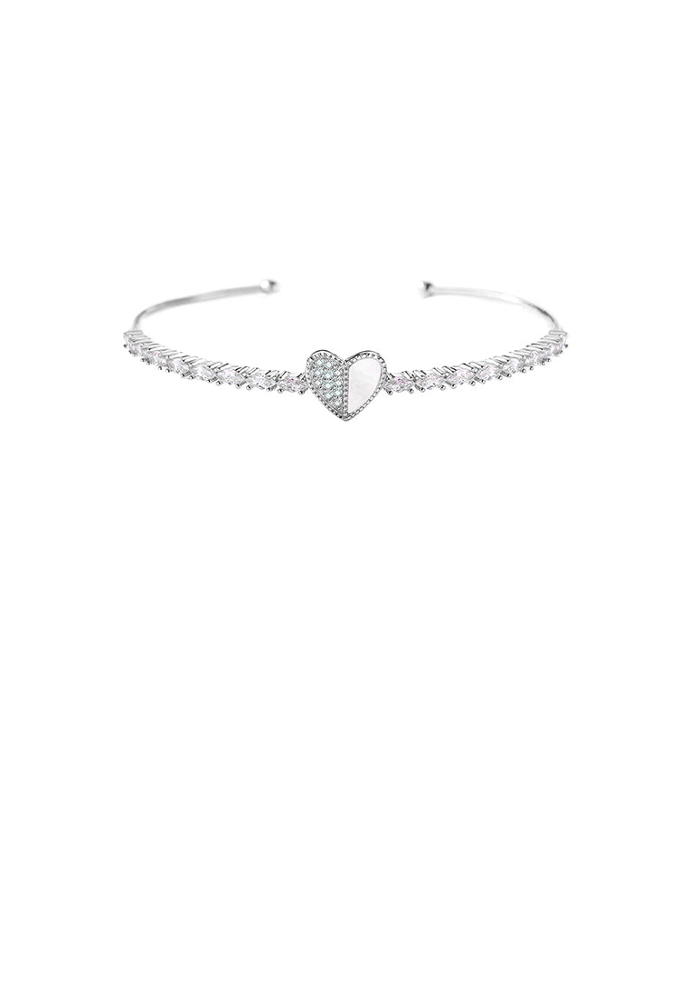 925 Sterling Silver Simple Sweet Heart Shape Adjustable Open Bangle with Cubic Zirconia - Luxurious Look