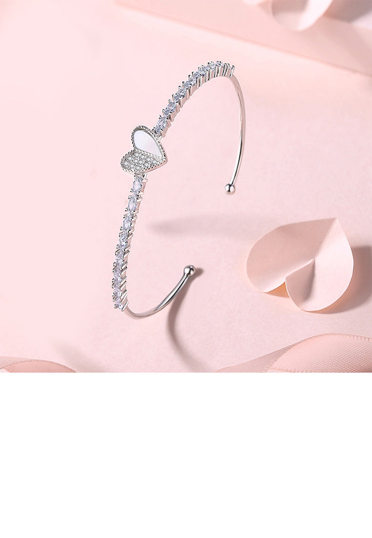 925 Sterling Silver Simple Sweet Heart Shape Adjustable Open Bangle with Cubic Zirconia - Luxurious Look
