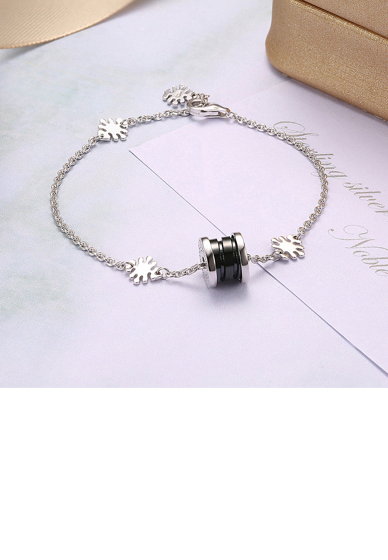 925 Sterling Silver Elegant Fashion Flower Adn Prayer Wheel Bracelet with Black Ceramic