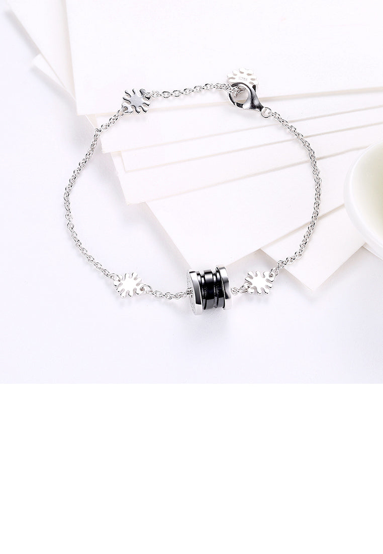 925 Sterling Silver Elegant Fashion Flower Adn Prayer Wheel Bracelet with Black Ceramic