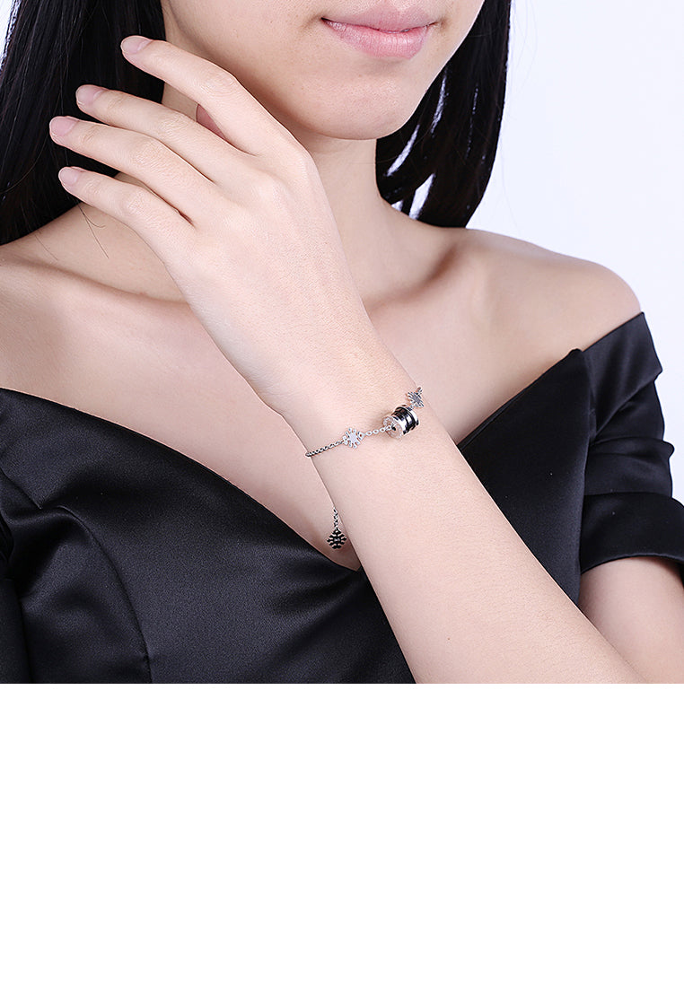 925 Sterling Silver Elegant Fashion Flower Adn Prayer Wheel Bracelet with Black Ceramic