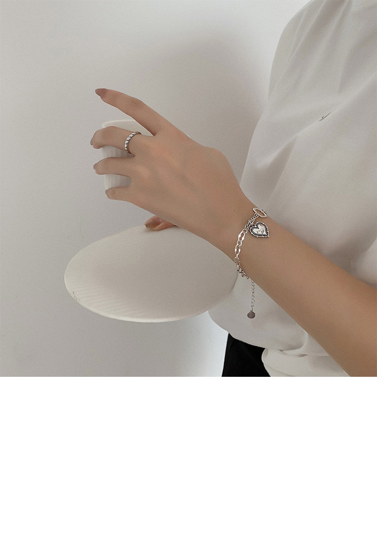 925 Sterling Silver Fashion Vintage Heart-shaped Hollow Square Double-layer Bracelet