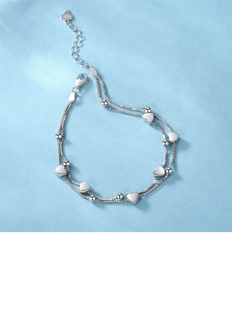 925 Sterling Silver Simple and Fashion Heart-shaped Round Bead Double Layer Bracelet