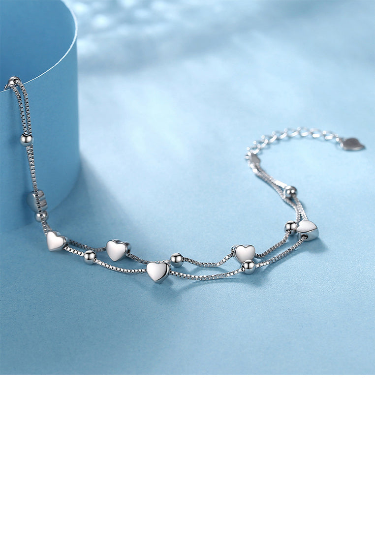 925 Sterling Silver Simple and Fashion Heart-shaped Round Bead Double Layer Bracelet