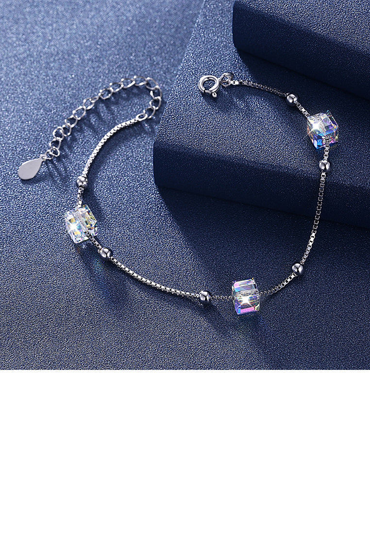 925 Sterling Silver Simple Square Bracelet with Austrian Element Crystal