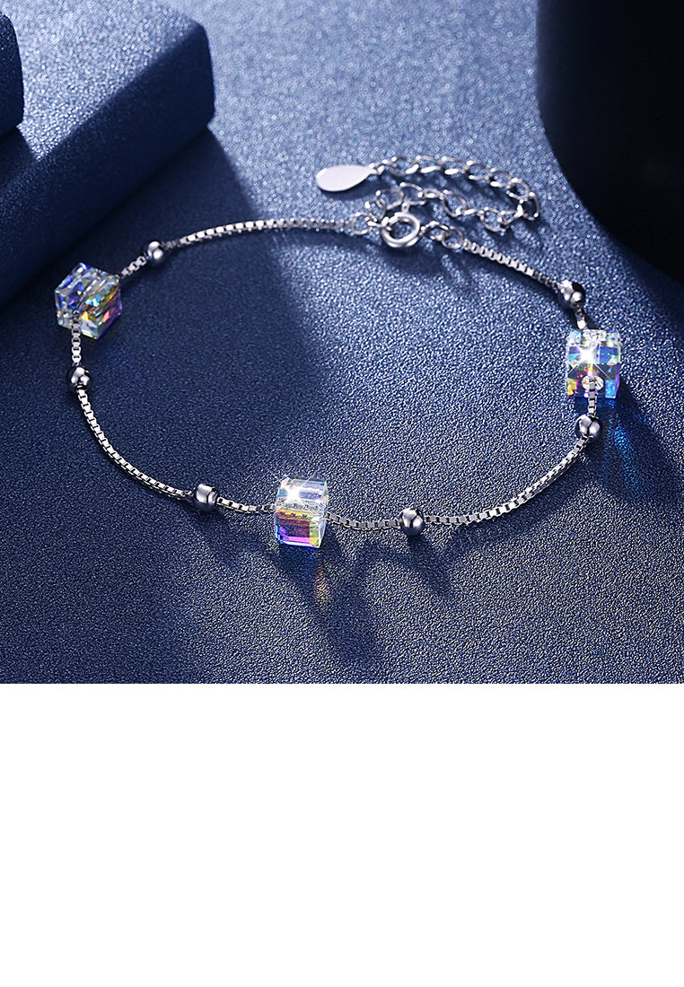 925 Sterling Silver Simple Square Bracelet with Austrian Element Crystal
