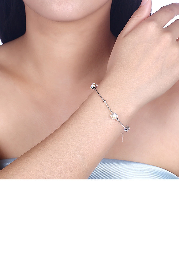 925 Sterling Silver Simple Square Bracelet with Austrian Element Crystal