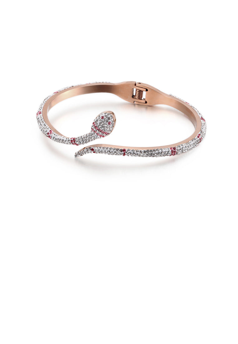 Fashion Personality Plated Rose Gold Snake-shaped 316L Stainless Steel Bangle with Red Cubic Zirconia - Luxurious Look - Vibrant Color