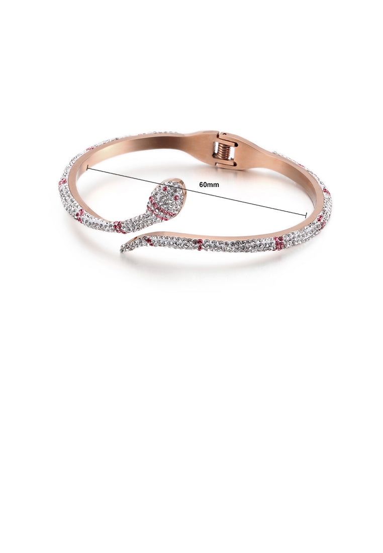 Fashion Personality Plated Rose Gold Snake-shaped 316L Stainless Steel Bangle with Red Cubic Zirconia - Luxurious Look - Vibrant Color