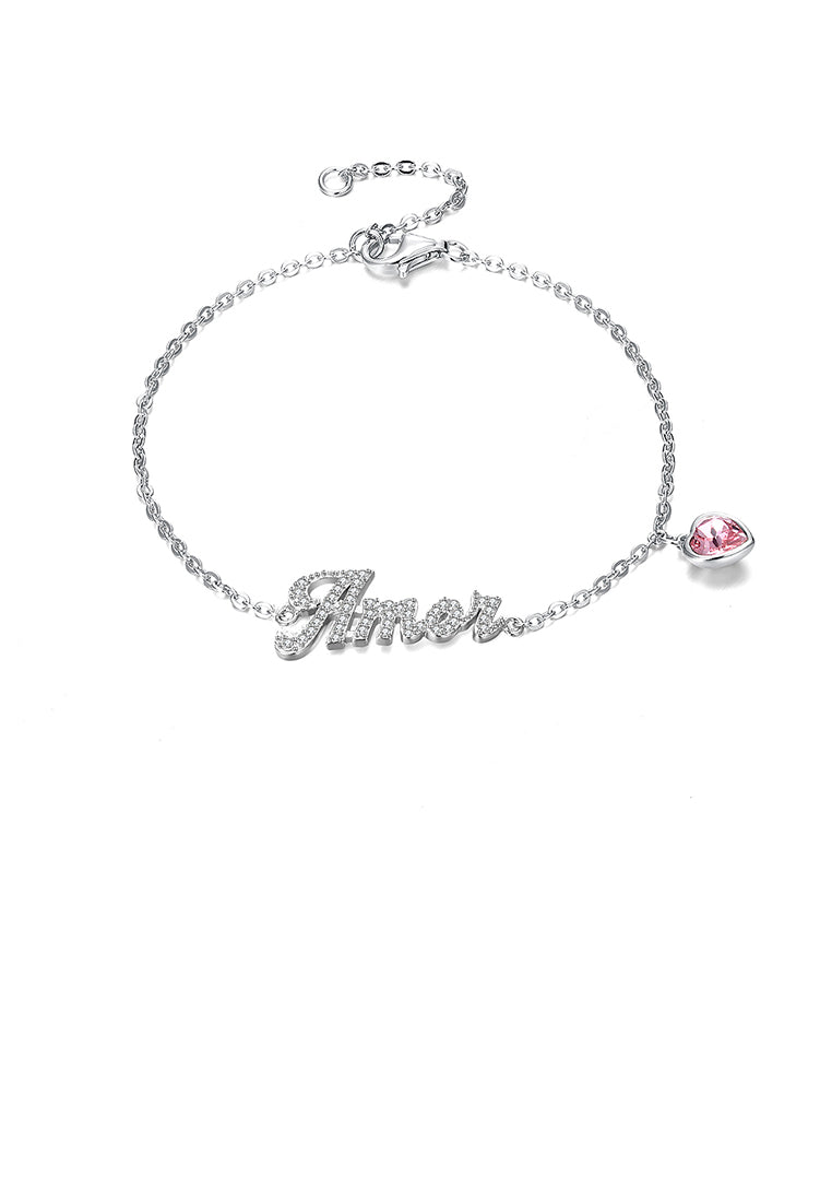925 Sterling Silver Simple Letter Amor and Pink Heart Bracelet with Austrian Element Crystal - Vibrant Color
