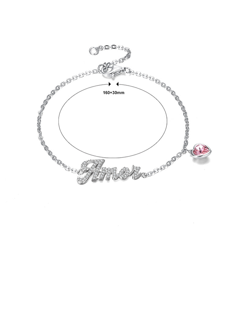 925 Sterling Silver Simple Letter Amor and Pink Heart Bracelet with Austrian Element Crystal - Vibrant Color