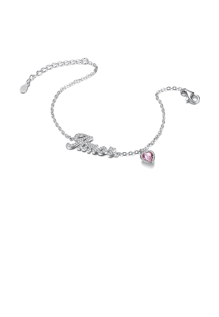 925 Sterling Silver Simple Letter Amor and Pink Heart Bracelet with Austrian Element Crystal - Vibrant Color