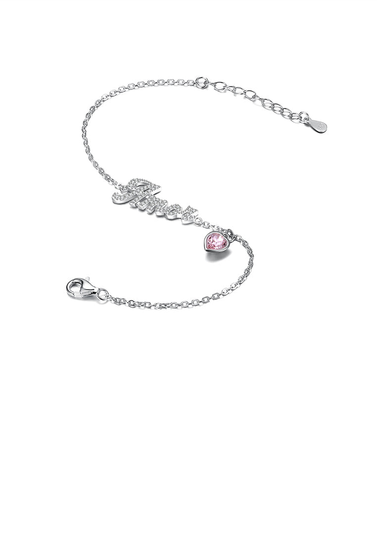 925 Sterling Silver Simple Letter Amor and Pink Heart Bracelet with Austrian Element Crystal - Vibrant Color