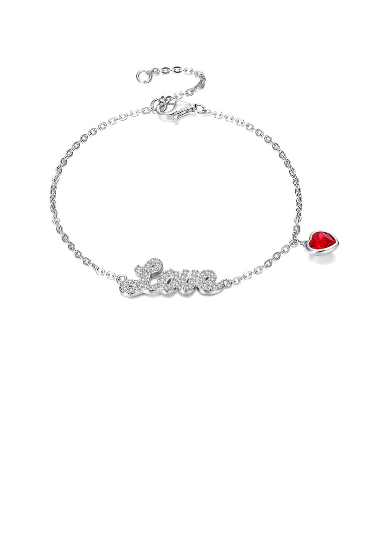 925 Sterling Silver Simple Romantic Letter Love and Red Heart Bracelet with Austrian Element Crystal - Vibrant Color