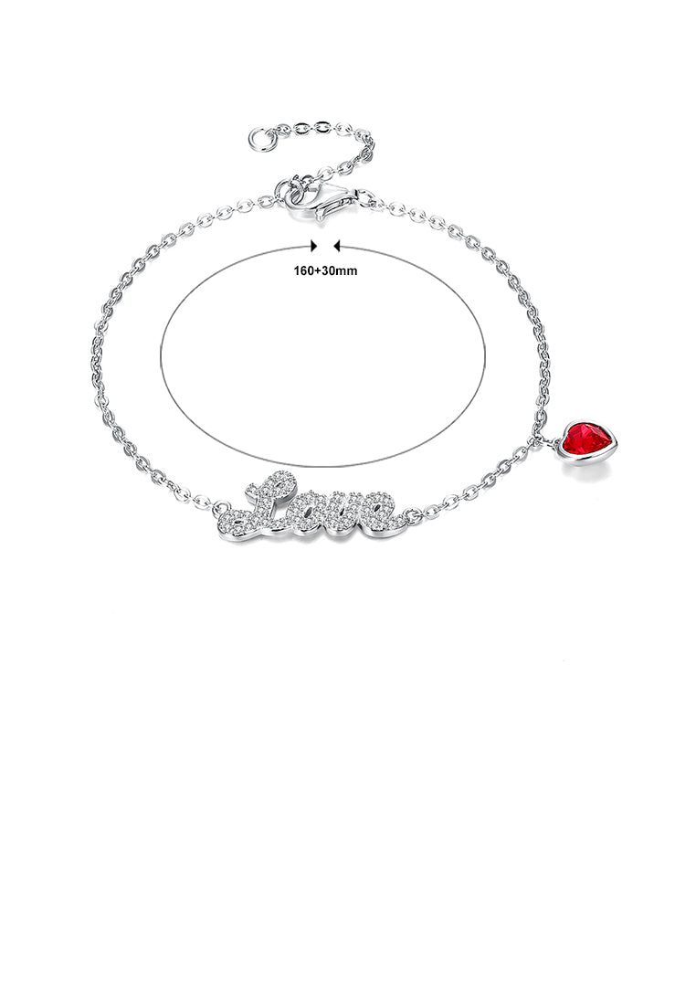 925 Sterling Silver Simple Romantic Letter Love and Red Heart Bracelet with Austrian Element Crystal - Vibrant Color