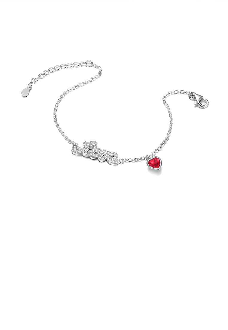 925 Sterling Silver Simple Romantic Letter Love and Red Heart Bracelet with Austrian Element Crystal - Vibrant Color