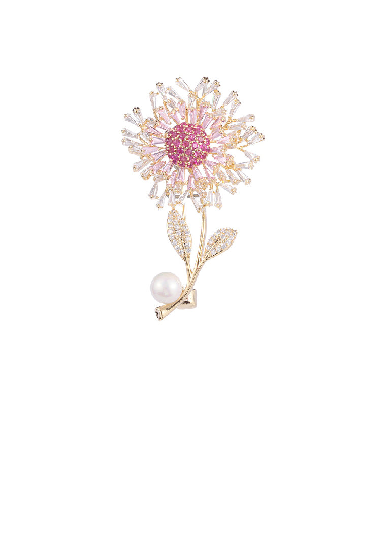 Fashion Elegant Plated Gold Sunflower Imitation Pearl Brooch with Pink Cubic Zirconia - Luxurious Look - Vibrant Color
