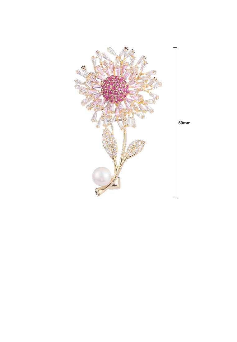 Fashion Elegant Plated Gold Sunflower Imitation Pearl Brooch with Pink Cubic Zirconia - Luxurious Look - Vibrant Color