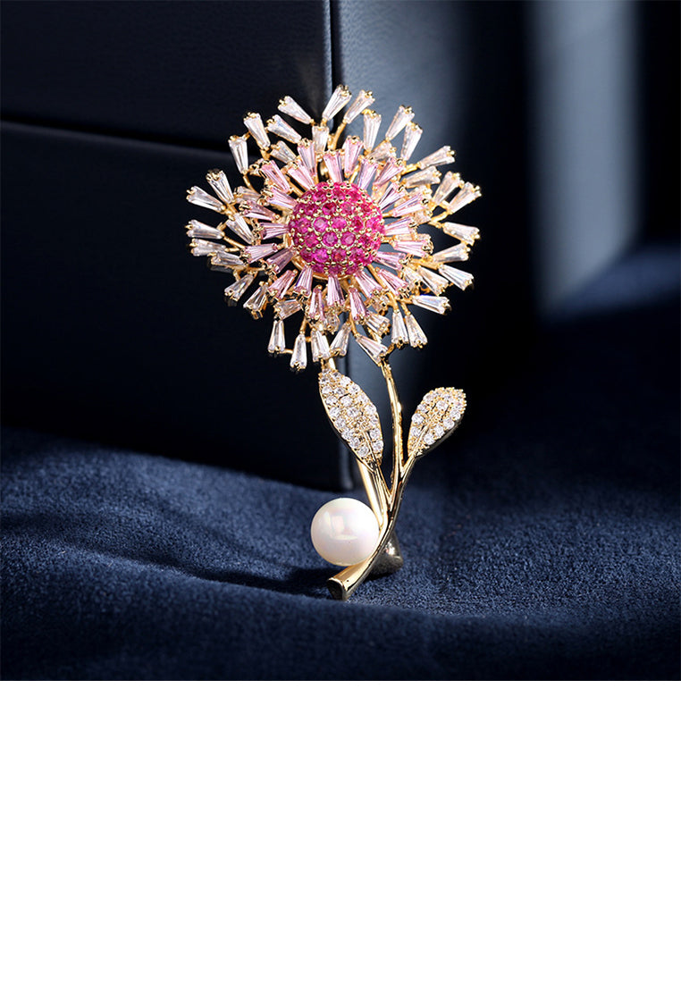 Fashion Elegant Plated Gold Sunflower Imitation Pearl Brooch with Pink Cubic Zirconia - Luxurious Look - Vibrant Color