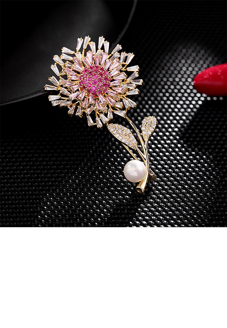 Fashion Elegant Plated Gold Sunflower Imitation Pearl Brooch with Pink Cubic Zirconia - Luxurious Look - Vibrant Color